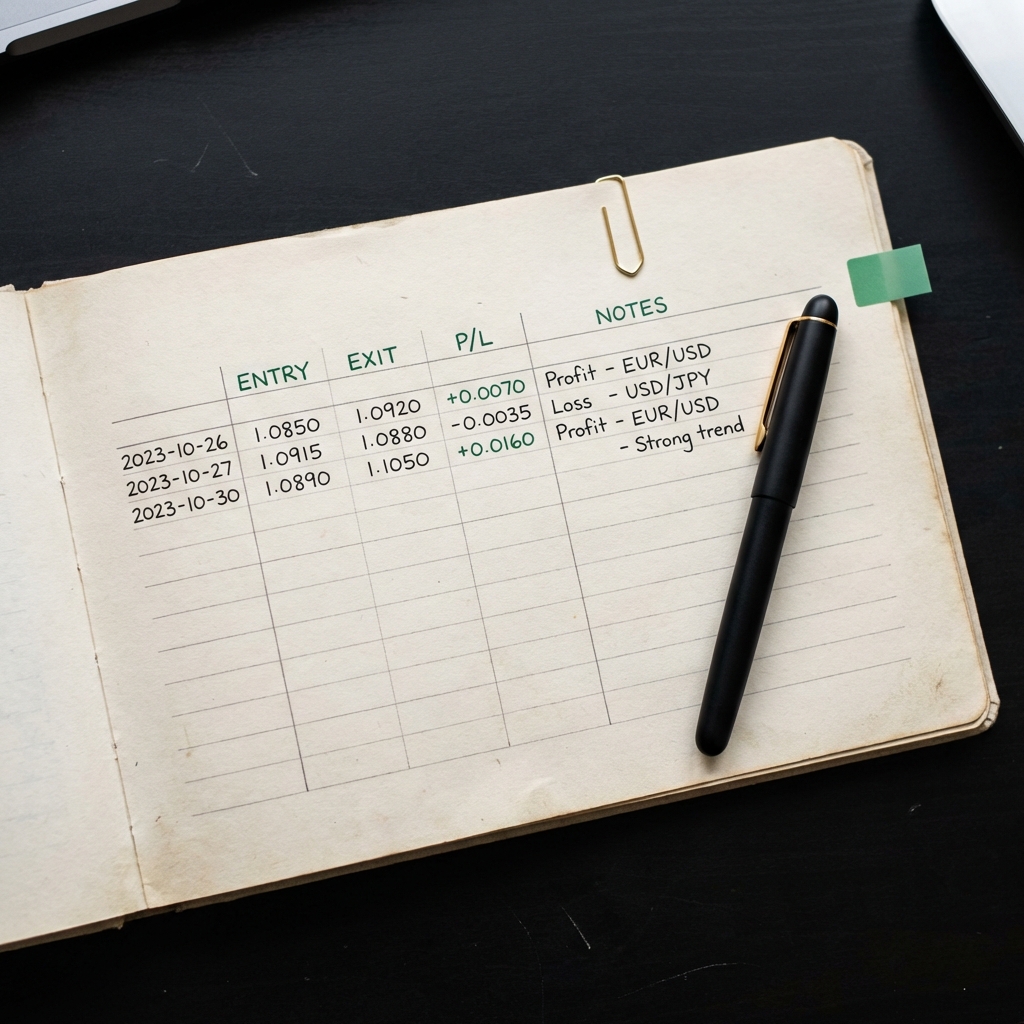 Close up of a handwritten trade journal with columns for entry exit P L and notes showing neat organized recordkeeping for trading beginners on a dark minimalist background