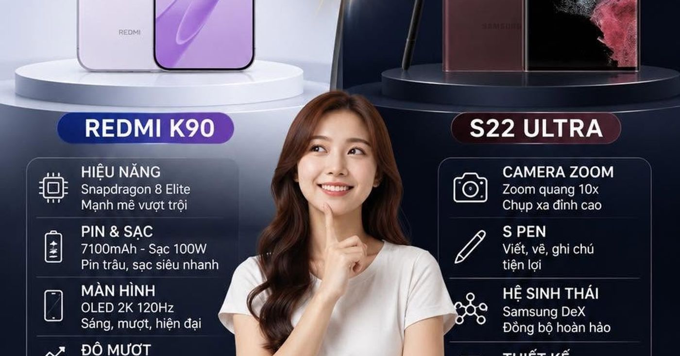Tiêu chí Samsung Galaxy S22 Ultra 5G Xiaomi Redmi K90 5G
Năm ra mắt 2022 2025
Ch...