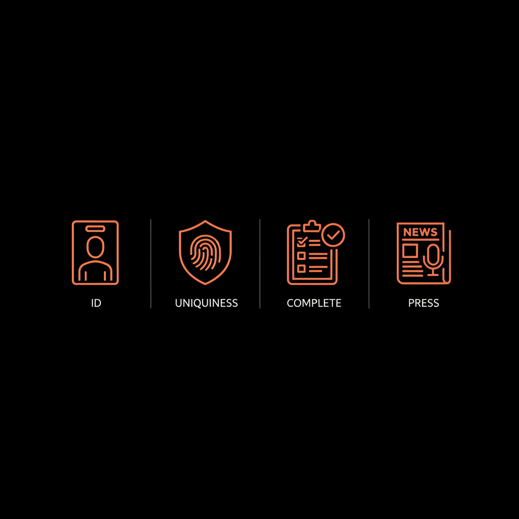 Minimal full-bleed infographic with four vector icons (ID, uniqueness, completeness, press) in brand colors on black background for instagram verification requirements