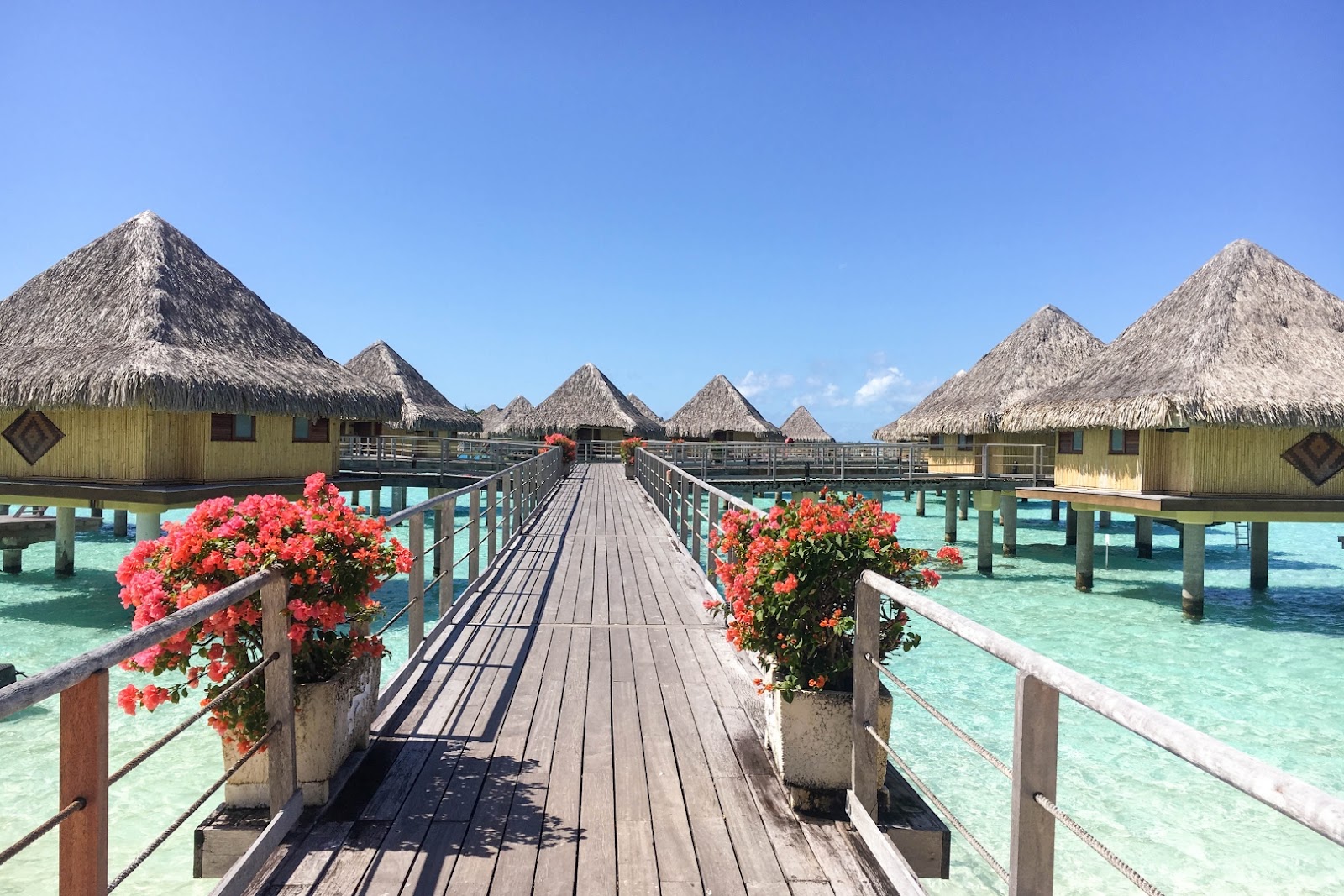 Luxury overwater bungalows above a bright turquoise lagoon in Bora Bora, French Polynesia, with tropical island scenery beyond.