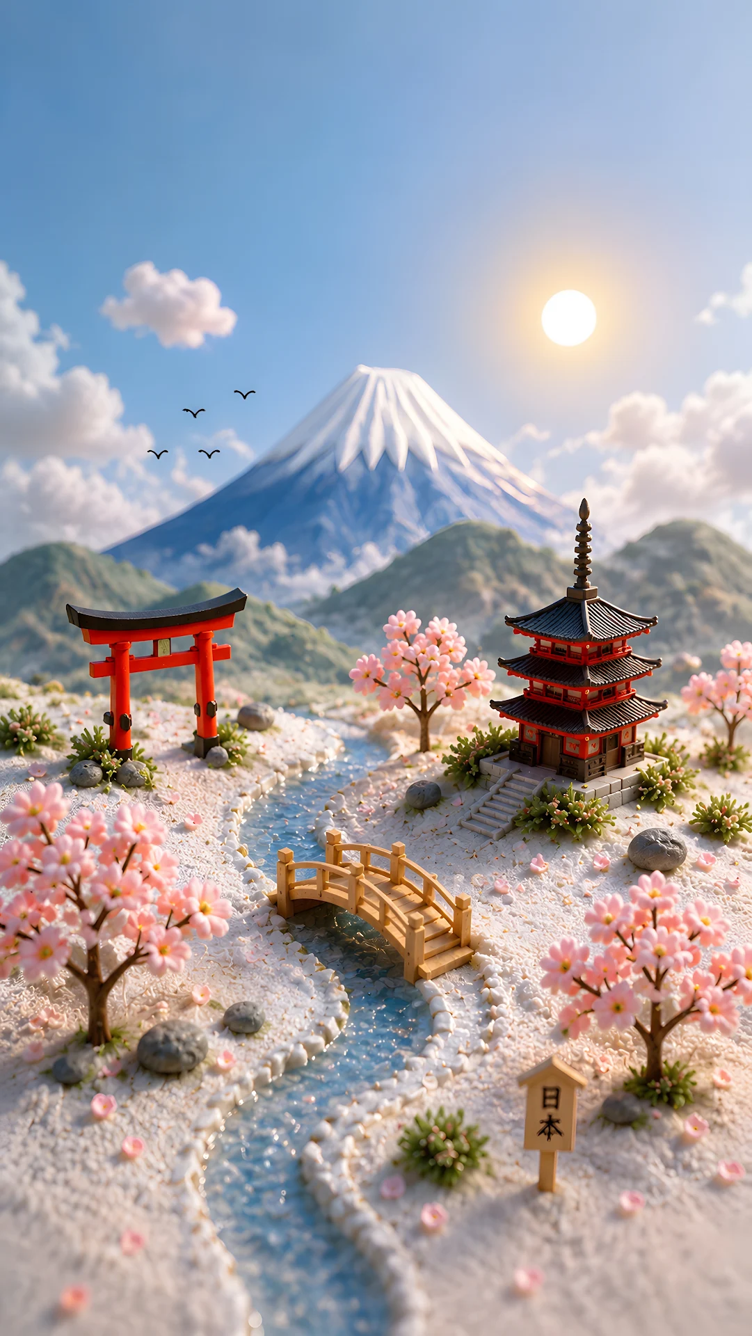 Miniature 3D diorama of Mount Fuji cherry blossom trees and pagoda - Free 4K mobile Wallpaper
