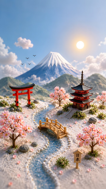 A tiny handcrafted-style 3D diorama of Mount Fuji, a red pagoda, cherry blossom trees, and a wooden bridge over a stream.