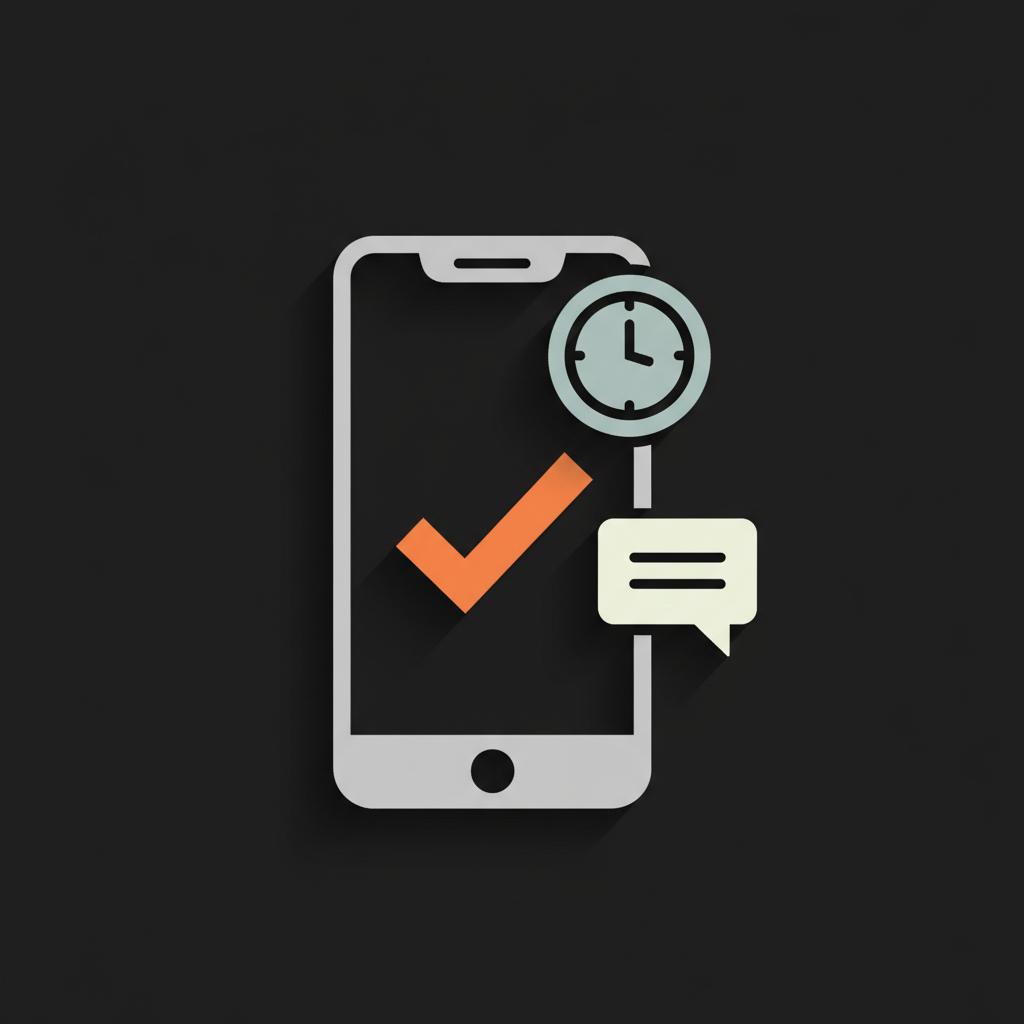 Minimal vector infographic of a smartphone with clock, orange checkmark and SMS bubble on black background, Social Success Hub style — WhatsApp verification