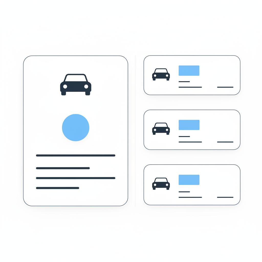 Minimalist 2D vector split screen showing a vehicle valuation card and three local classified truck listings in CarFax Deals colors kelley blue book trucks