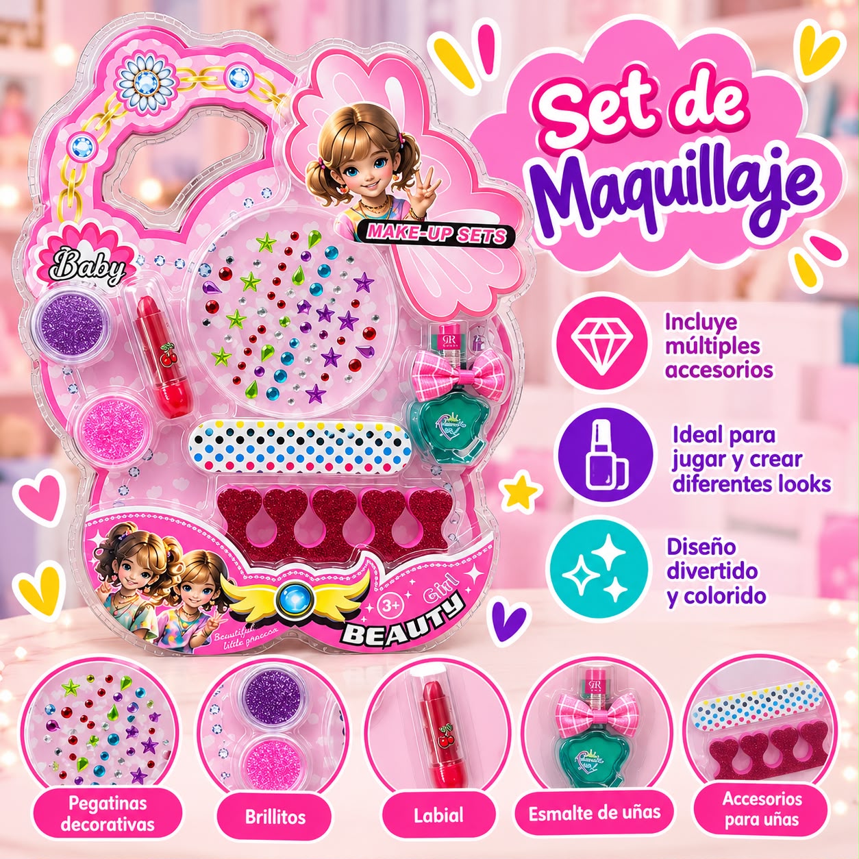 Set de maquillaje infantil con accesorios para uñas