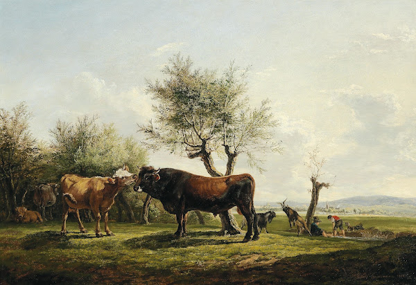 A Cow Licking a Bull in the Pasture 1824
