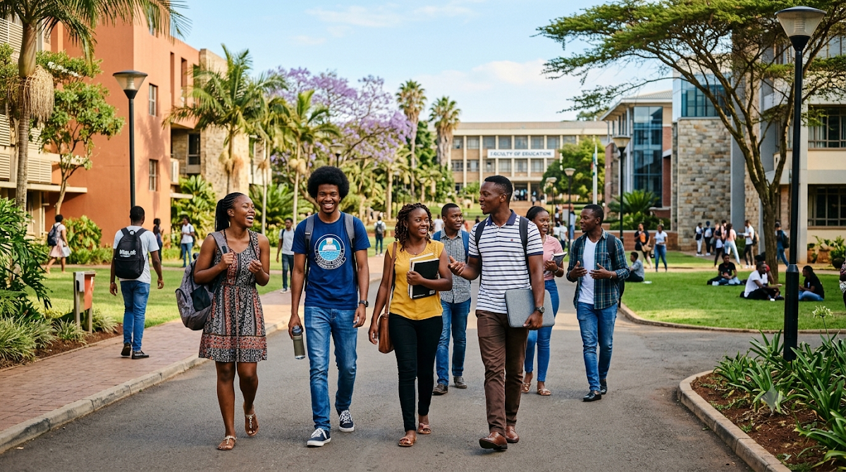 Students walking together on a university campus walkway