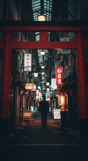 Man Walking Down Narrow Tokyo Alleyway Lined with Signs and Red Torii Gate - Free mobile Wallpaper