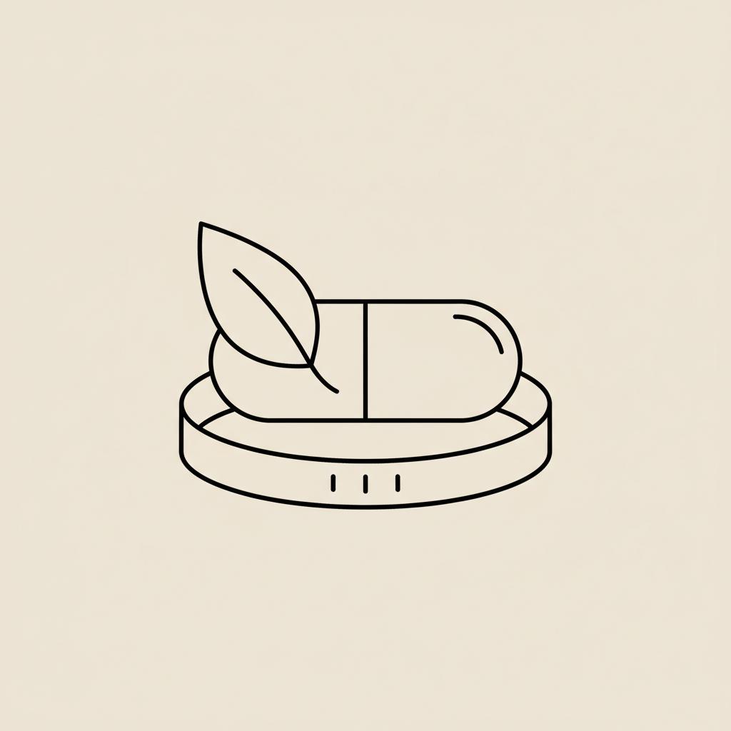 Minimal line illustration of a capsule, leaf, and stylized waist tape on beige background representing berberine belly fat