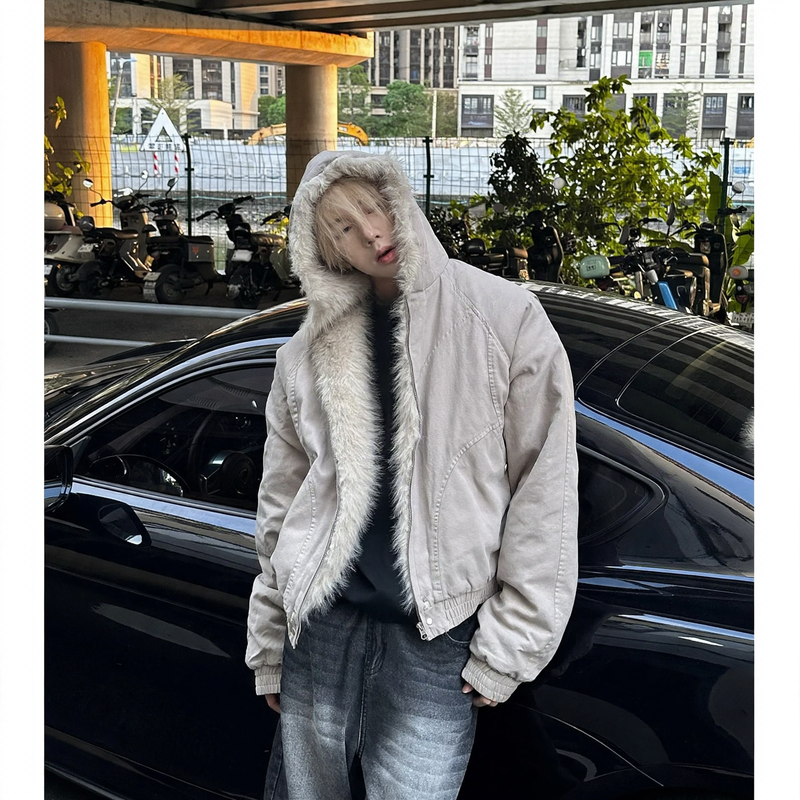 Men's Winter Jacket, Short, with Hood and Fur Collar