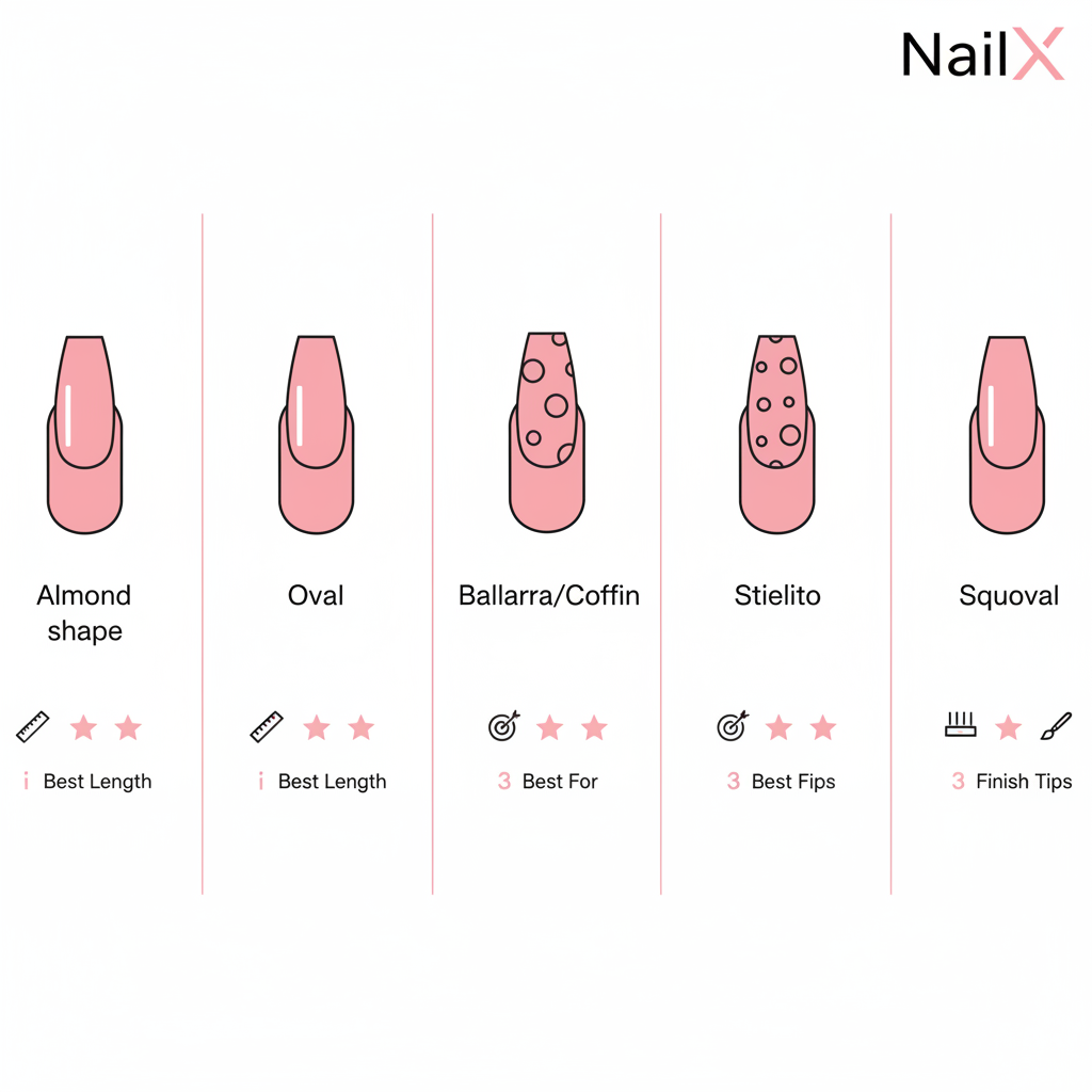 Infografik mit fünf vertikalen Panels zeigt Vektor-Icons für Mandelform, Oval, Ballerina/Coffin, Stiletto und Squoval – Welche Nagelform ist die eleganteste?