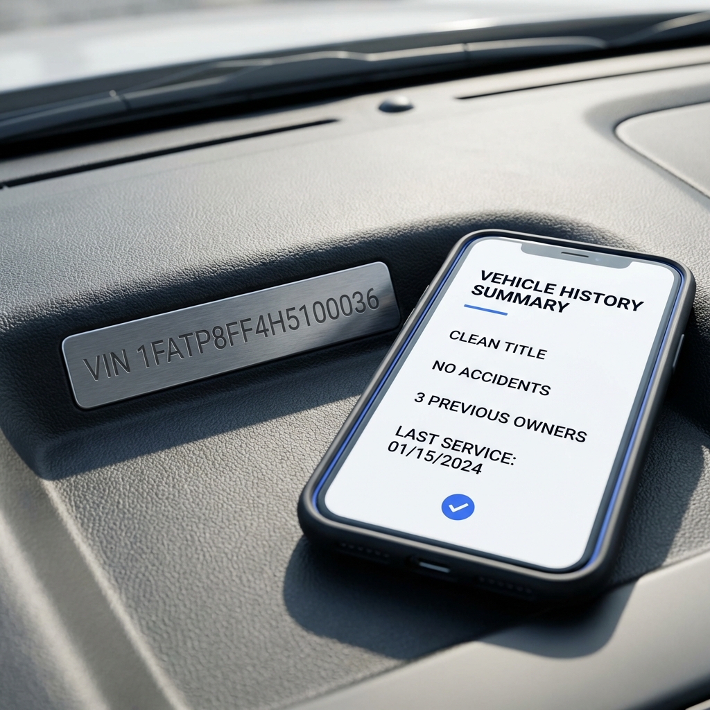 Close up of a VIN plate on a dashboard with a smartphone showing a vehicle history report summary minimal white background blue accents carvana car value