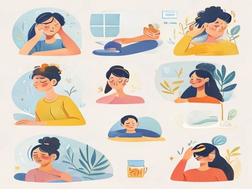 두통 완화를 위한 스트레칭, 수분 섭취, 휴식 등 다양한 해결법과 예방 습관을 보여주는 일러스트.