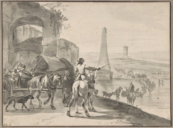 Travellers and wagons fording a river in a Southern landscape ca 164662