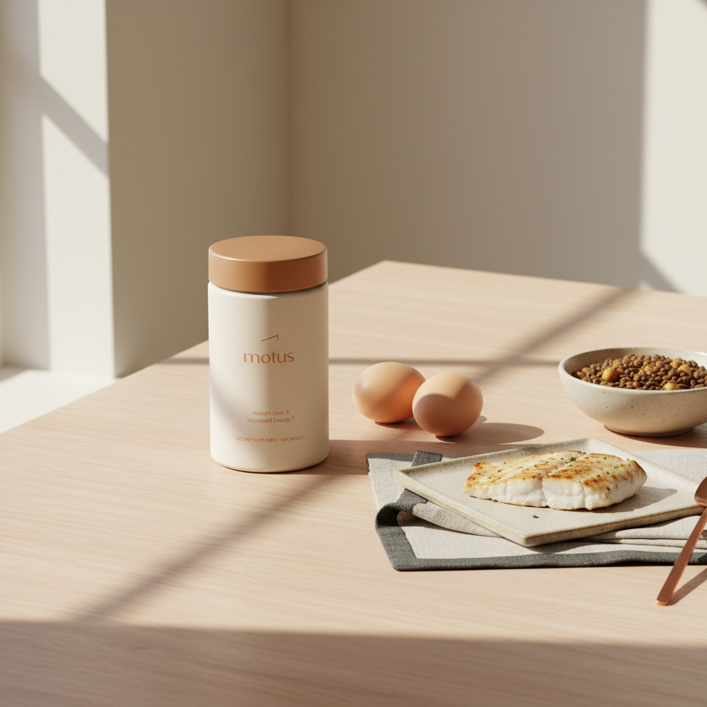 Motus jar beside eggs, grilled fish and legumes on a light wooden table in a minimalist Tonum scene, highlighting nutrition and whey protein side effects