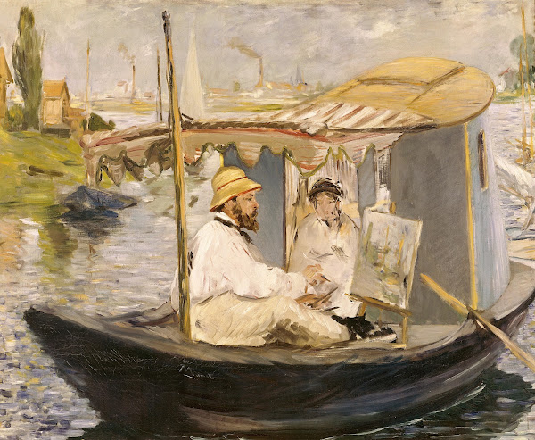 Claude Monet painting in his studio boat 1874