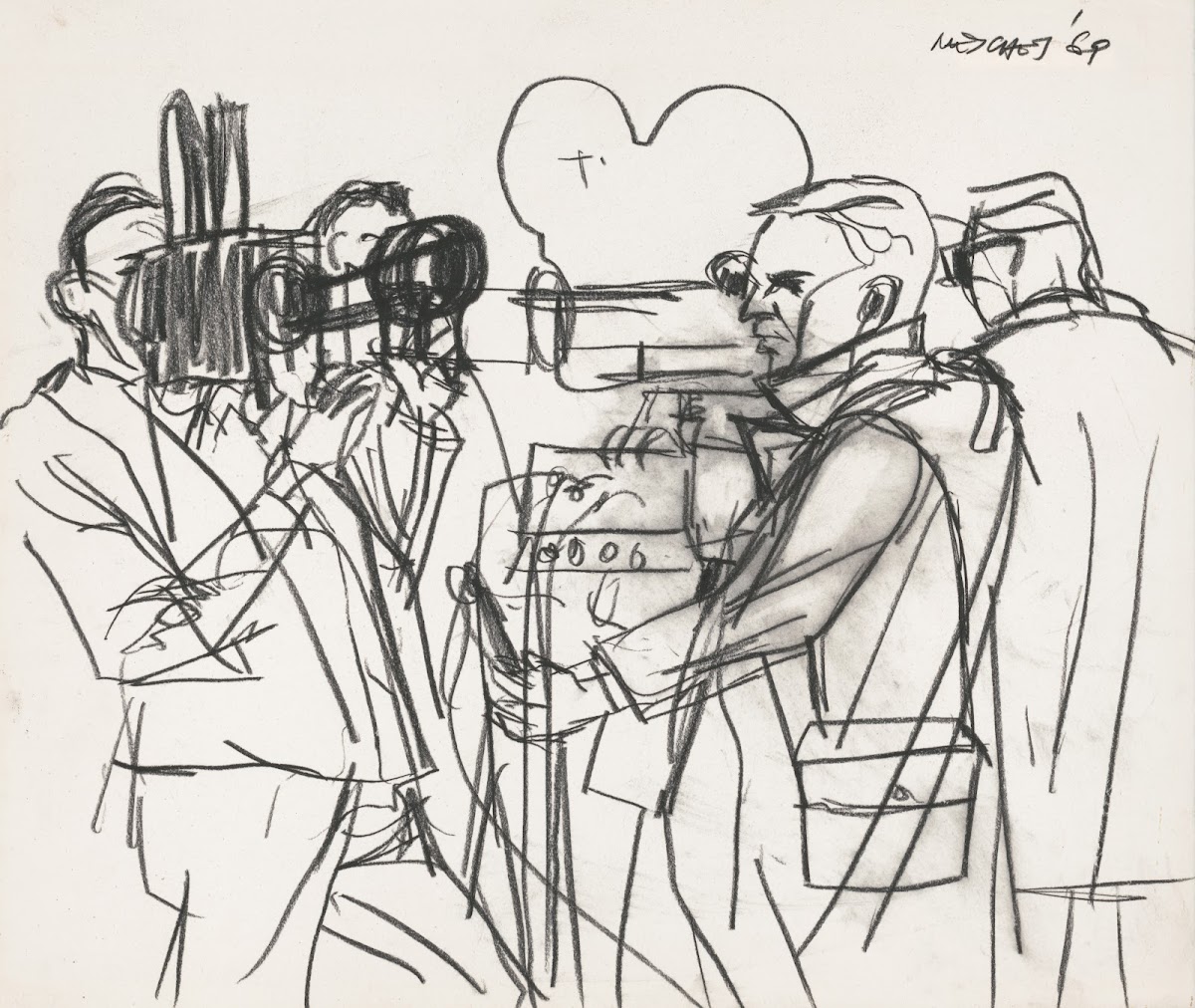 Sketches of television news camermen outdoors during the Pueblo Incident hearing
