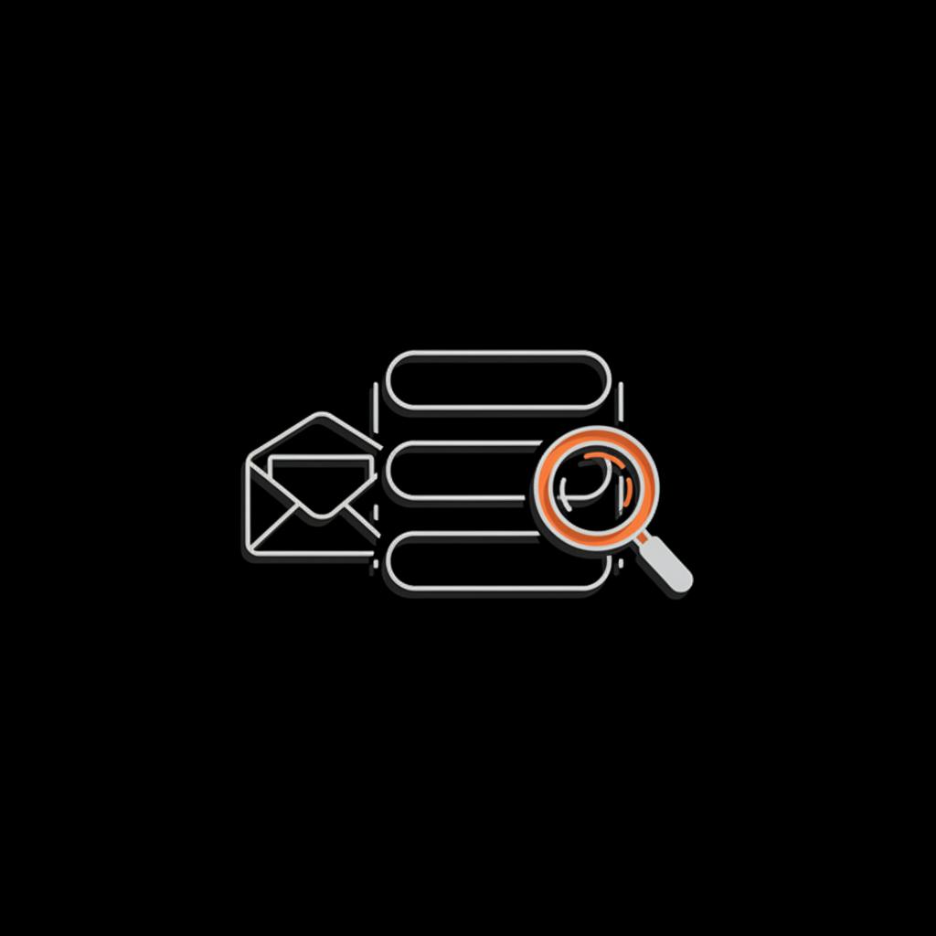 Minimal vector infographic of a layered checklist, an old inbox icon and a magnifying glass on black background — can i find my old email account