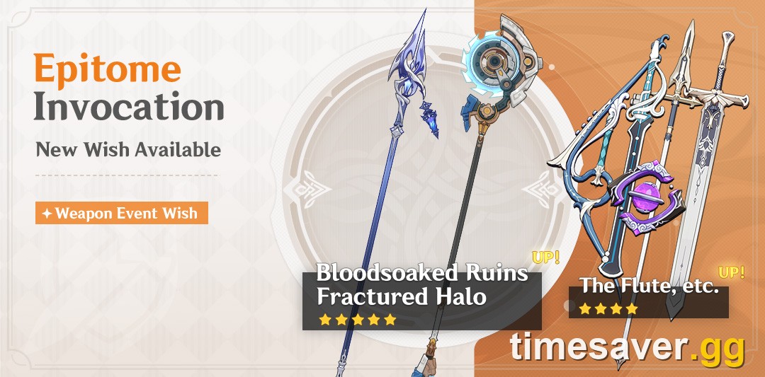 Official Genshin Impact banner for the Epitome Invocation Weapon Event Wish, showing the five-star polearms Bloodsoaked Ruins and Fractured Halo