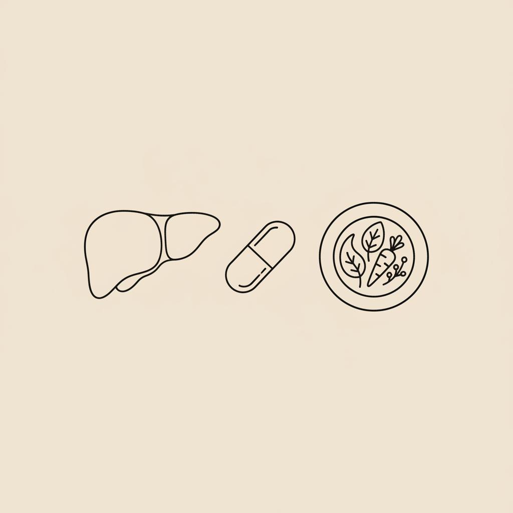Minimalist 2D vector line illustration of a liver outline, a capsule, and a plate of vegetables on beige background representing liver fat metabolism.