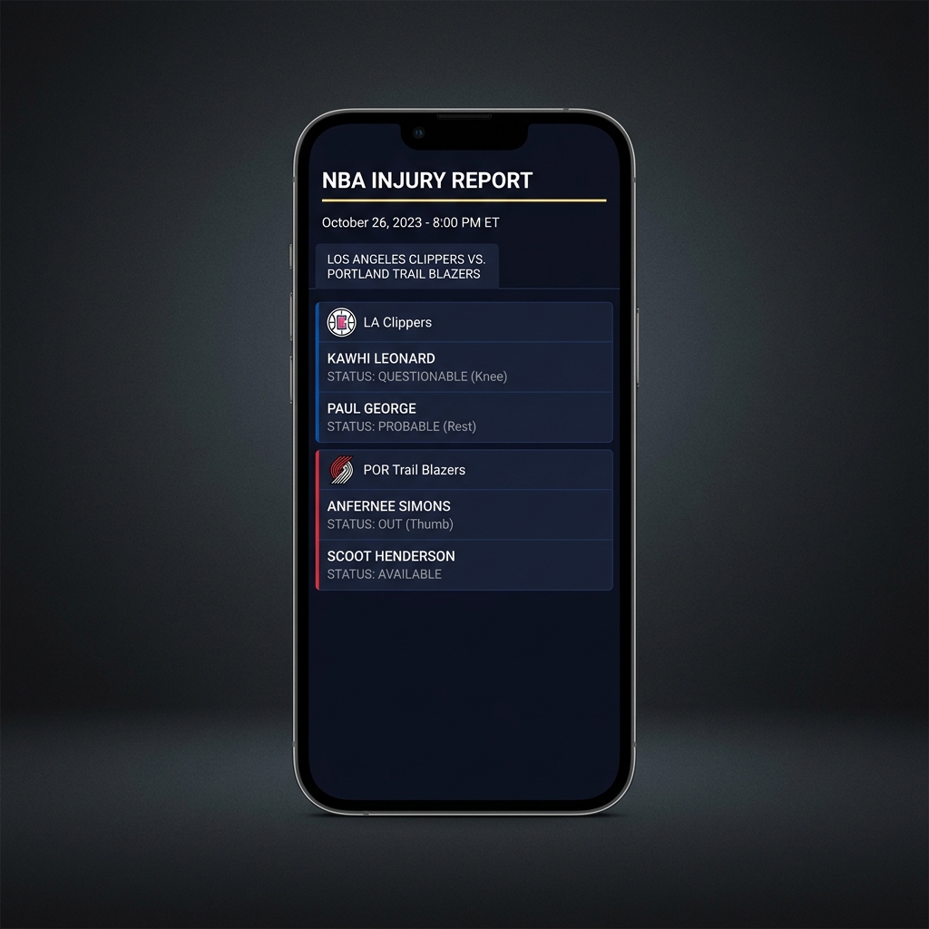 Close up smartphone showing official NBA injury report page with clippers prediction and team logos in a clean Funded Plays dark minimalist style