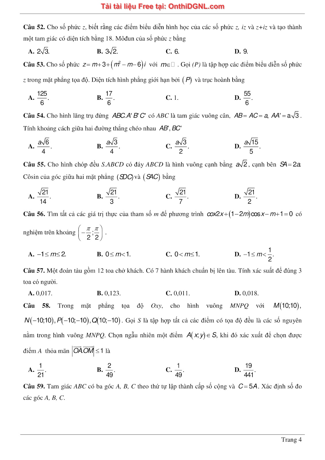 475 bài tập môn Toán - Ôn thi ĐGTD ĐH Bách Khoa Hà Nội Phần 10