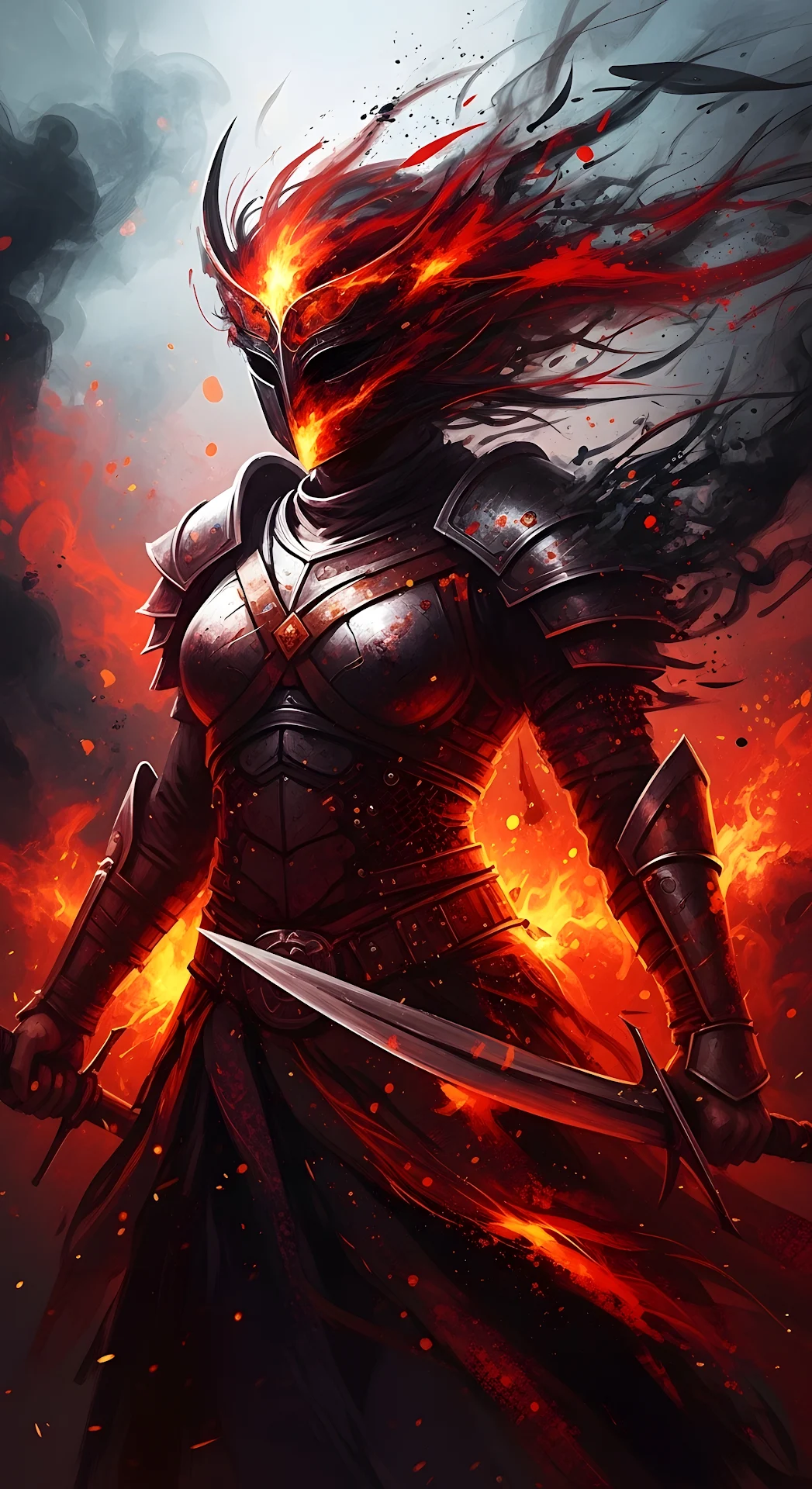 Fire Warrior Armor Elemental Dark Fantasy Art - Free 4K mobile Wallpaper