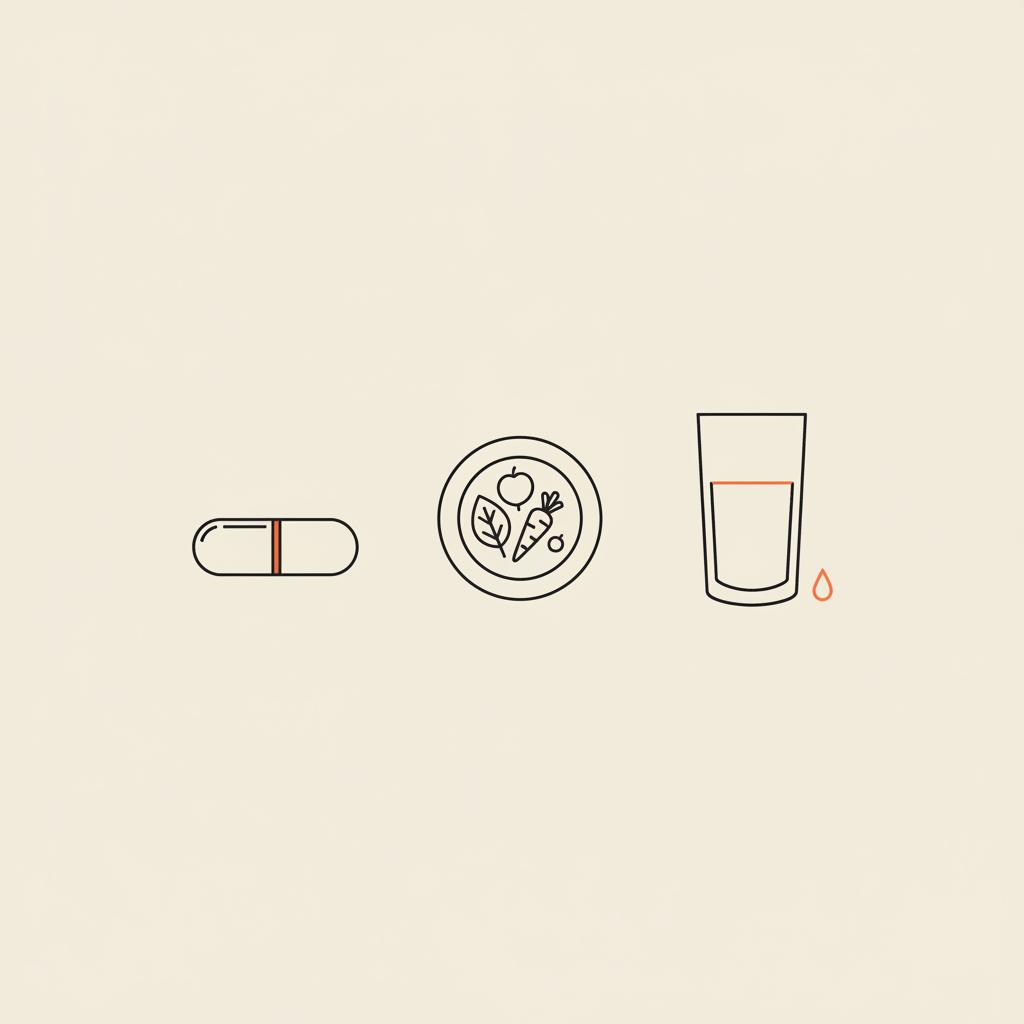 Minimal vector line illustration of a capsule, a small plate of vegetables and a water glass on a beige background, representing the best anti appetite pill concept.