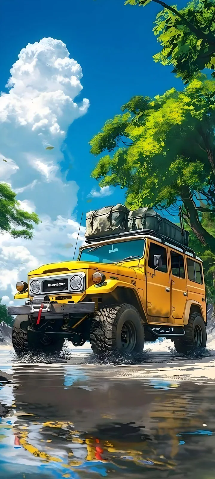 Yellow Toyota Land Cruiser Adventure - Anime Art Style Full HD iPhone Wallpaper (1080x2402)