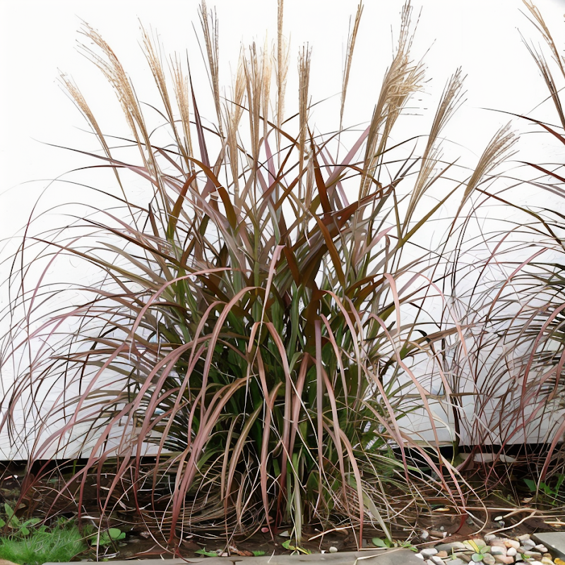 Miscanthus sinensis 'Purpurescens' con foglie autunnali rosse e spighe piumose in un giardino