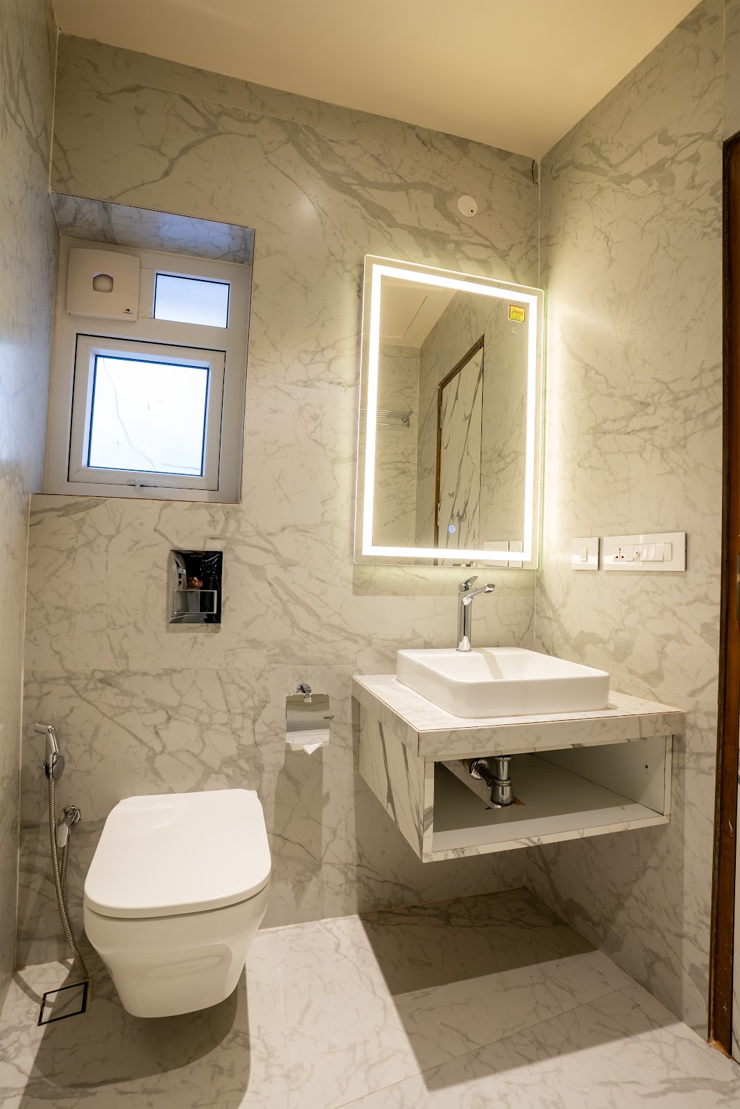 Marble bathroom vanity and mirror
