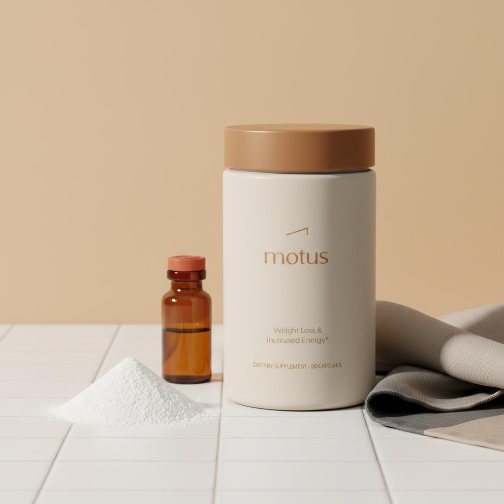 Motus supplement container on matte white tile with glucomannan powder, berberine vial and neutral cloth in Tonum palette — caffeine free fat burner