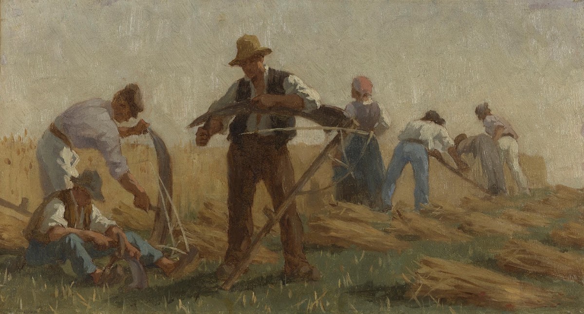 Histoire du blé Moissonneurs aiguisant leurs faux 1879