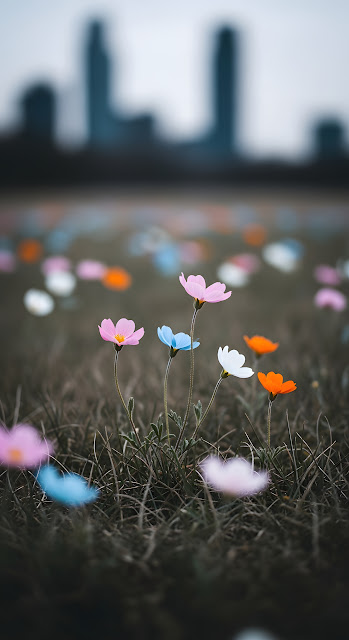 Colorful Wildflowers City Skyline Bokeh Contrast - Free mobile Wallpaper