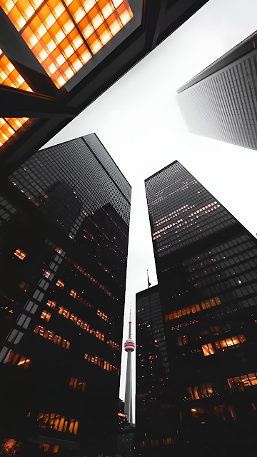Toronto Skyscrapers Framing CN Tower at Dusk - Free mobile Wallpaper