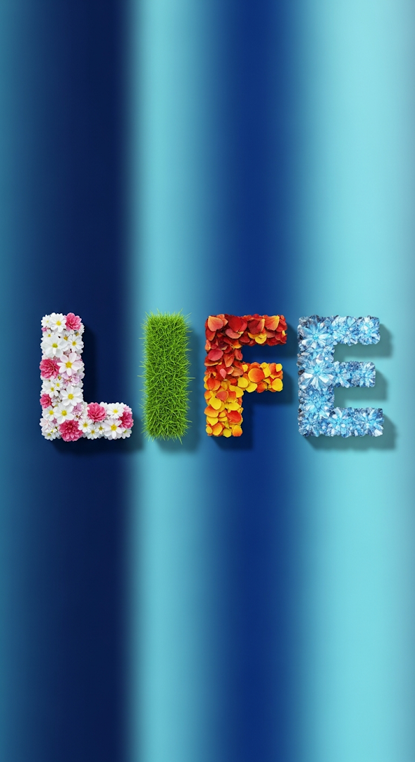 Conceptual Typography Art of the Word LIFE with Natural Textures on Blue Gradient