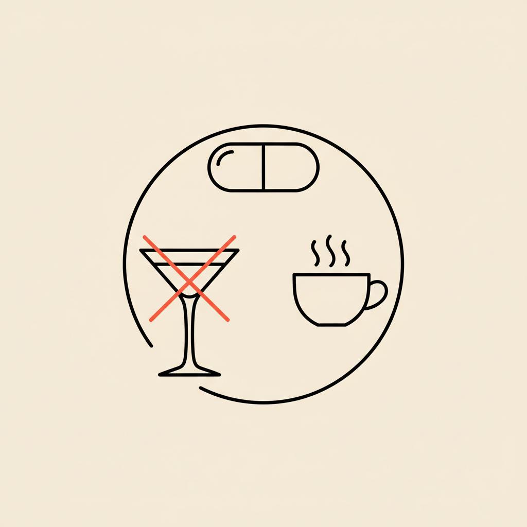 Minimal Tonum-style line icon of a capsule, coffee cup, and crossed-out martini glass on beige background, illustrating what should you not mix with taurine