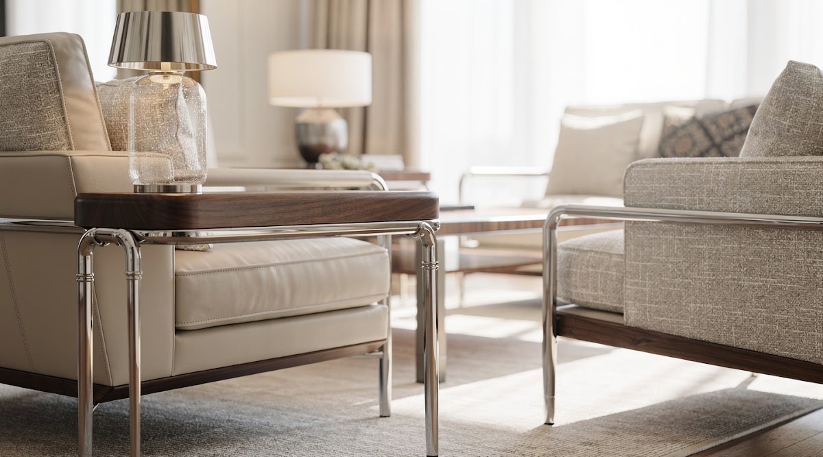 How to Make Chrome and Leather Feel Warm in a Living Room - microfiber care for polished chrome beside wood furniture