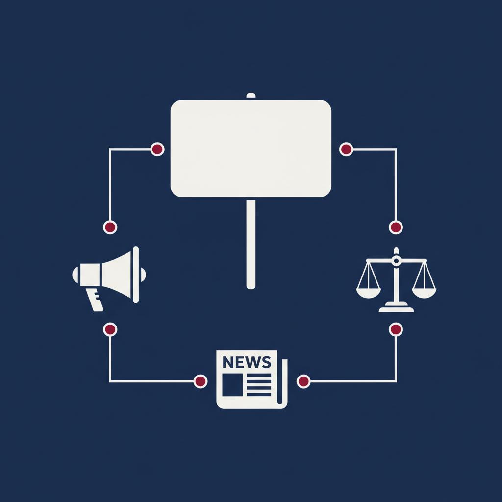 Minimalist 2D vector infographic showing a protest placard silhouette connected to three icons megaphone scales newspaper in Michael Carbonara navy white and red palette freedom of speech examples