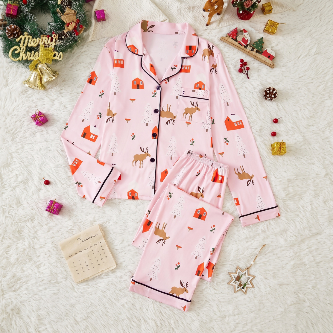 Ladies' pajama set, long-sleeved, with lapel collar and Christmas motifs