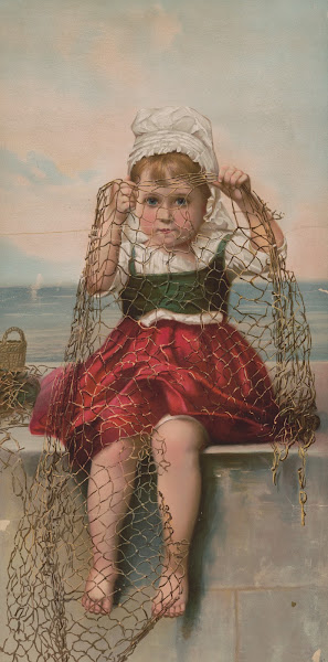 Girl in red and green dress holding fishing net 1894
