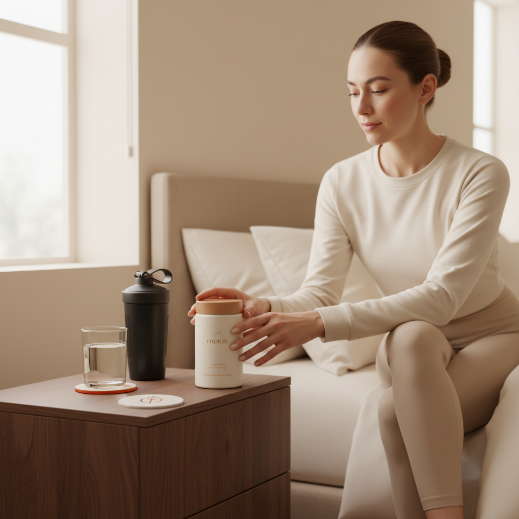 Woman reaching for Motus supplement jar on bedside table beside water and a protein shake in a minimalist morning routine — best drink to speed up metabolism