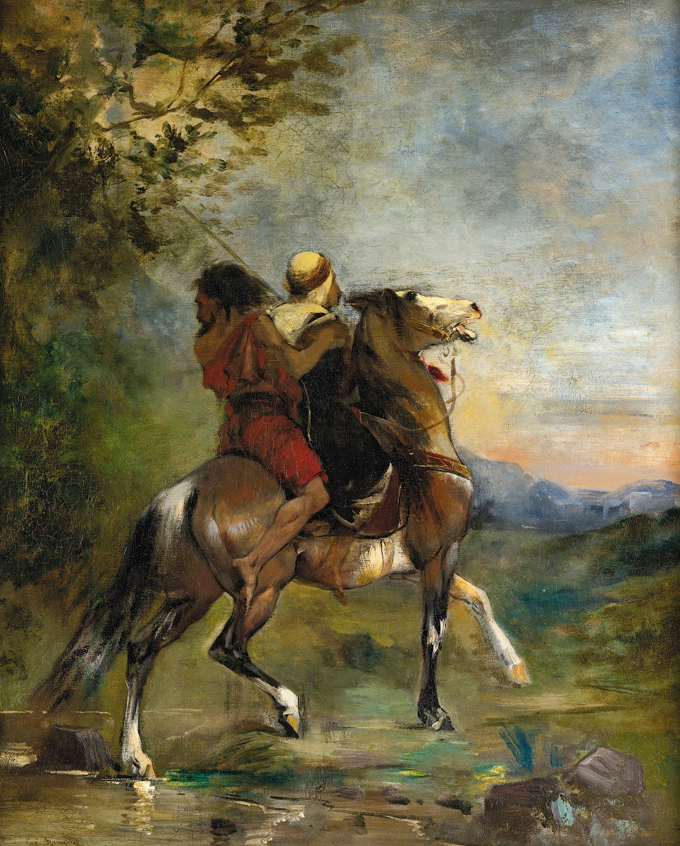 Arab À Cheval Portant En Croupe Un Fou