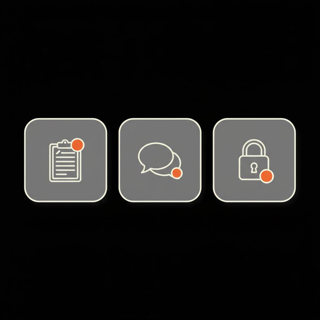 Minimal 2D vector infographic with three tiles featuring clipboard, chat bubble, and lock icons for employer actions — glassdoor relevance 2025