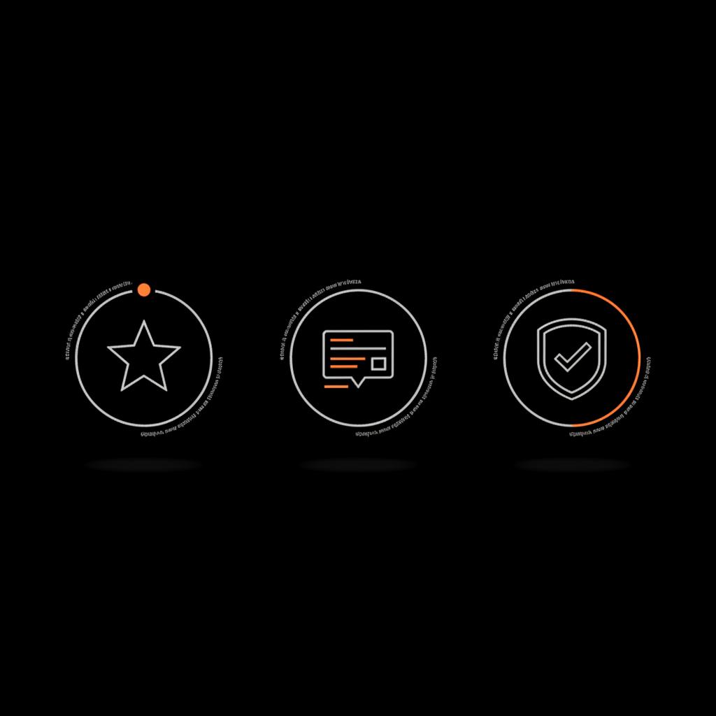 Minimal 2D vector infographic with three horizontal circular icons (reviews star, press mention newspaper, verified badge) on a black background with gray accents and orange highlights — brand credibility examples