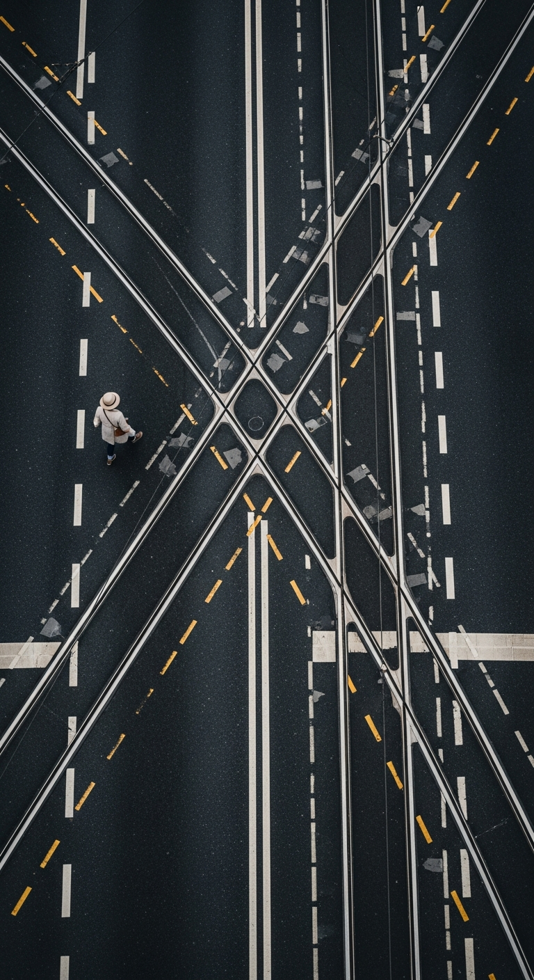 High-Angle Abstract View of a Solitary Pedestrian Walking on Wet Asphalt with Tram Tracks - Free 4K mobile Wallpaper