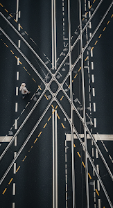 High-Angle Abstract View of a Solitary Pedestrian Walking on Wet Asphalt with Tram Tracks