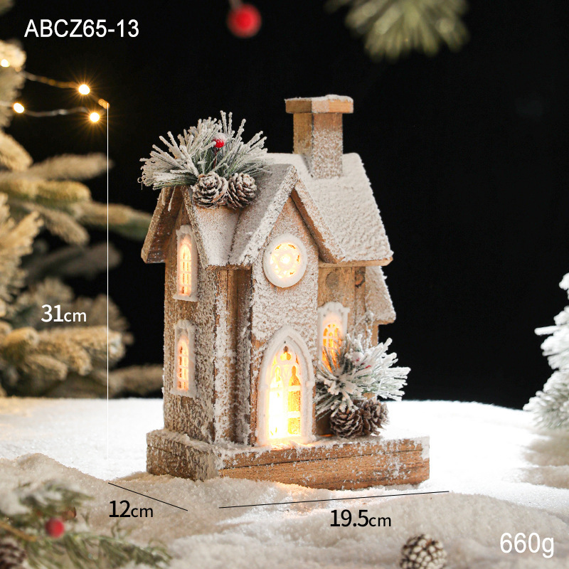 Lit wooden Christmas house in European retro style