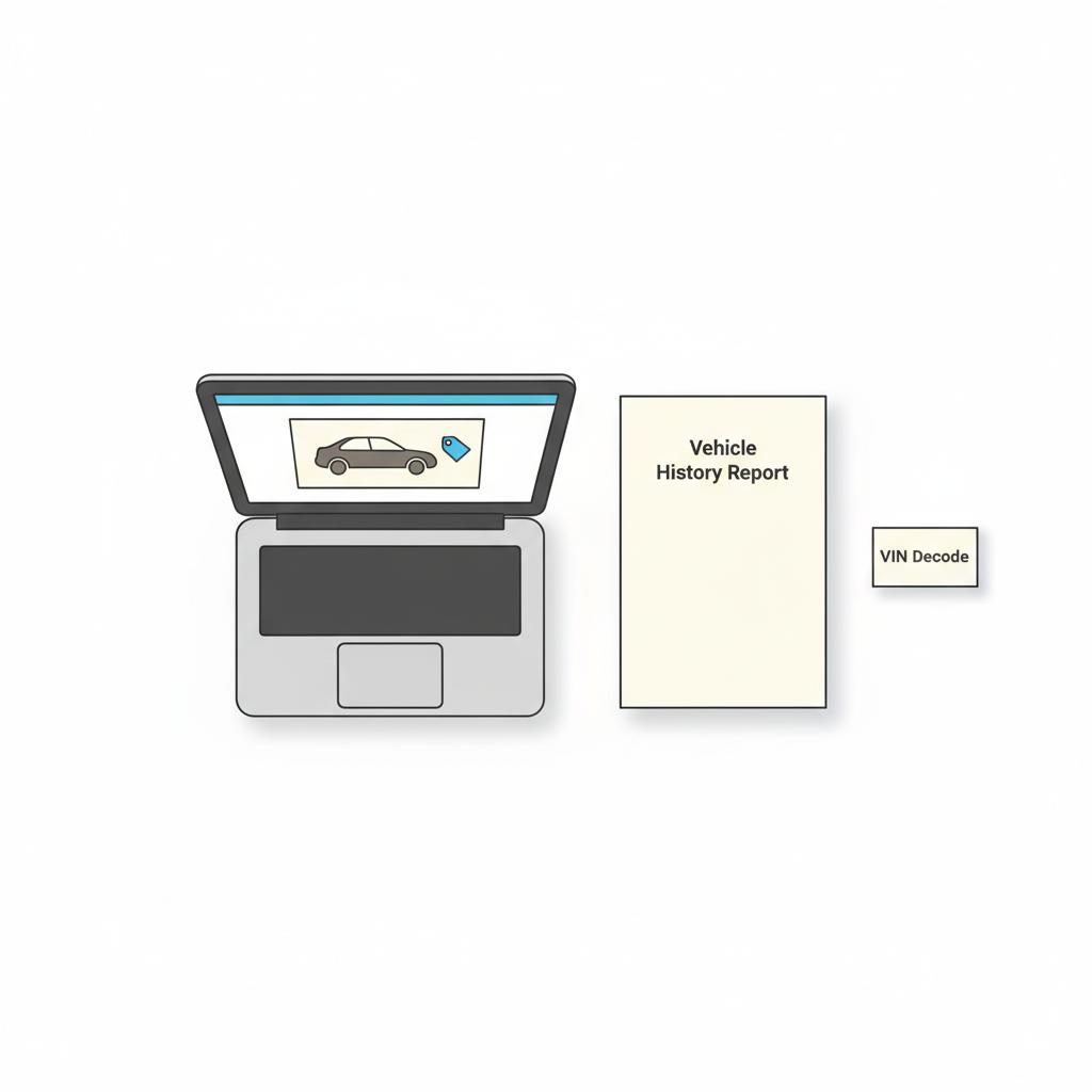 Minimalist 2D vector of a laptop showing a car listing next to a printed vehicle history report and VIN decode card on a white table used chargers near me