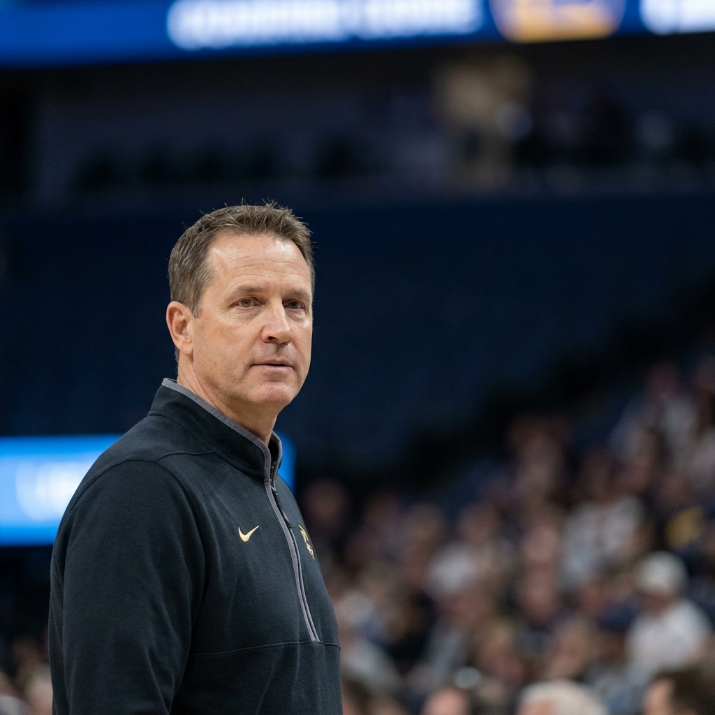 Close up of a basketball coach on the sideline in natural arena lighting minimalist composition with brand colors bulls hornets prediction
